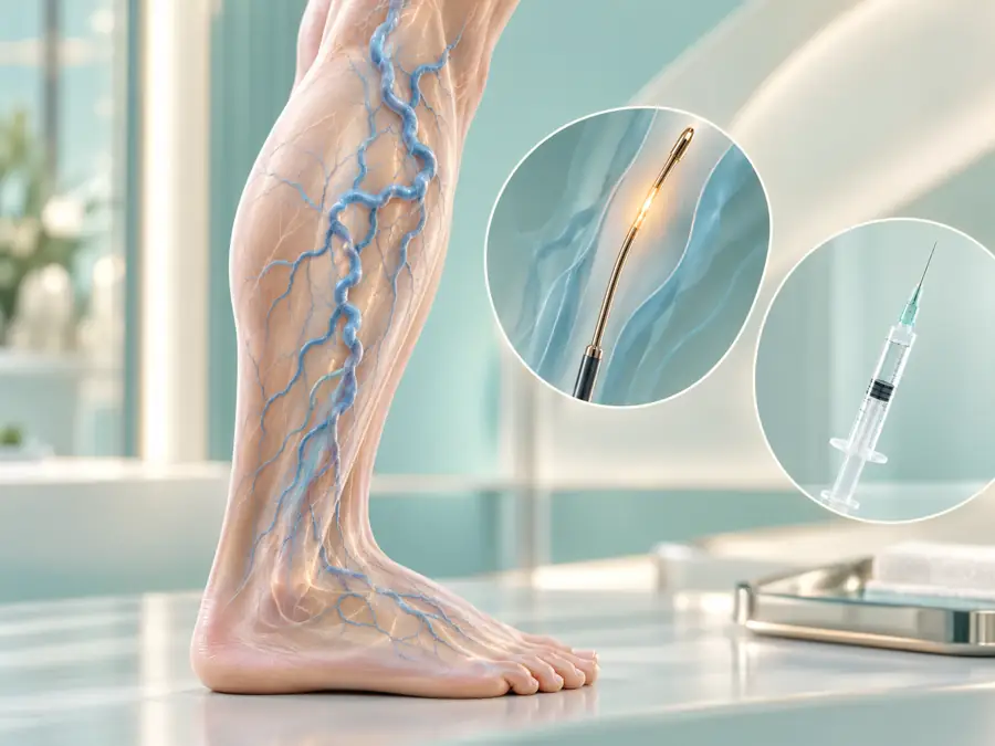 نمای آموزشی سه‌بعدیِ درمان واریس؛ از اسکلروتراپی تا RF و لیزر